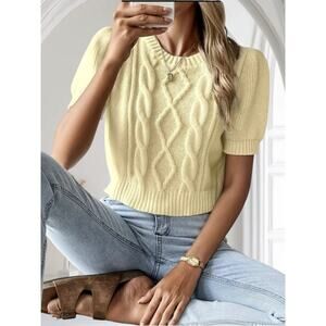 Soft Pastel Yellow Cropped Cableknit Short Sleeve Sweater Women XL Trending Chic